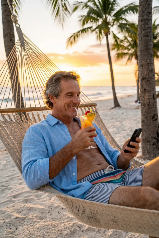 Pest control business owner relaxing in a hammock while leads come in