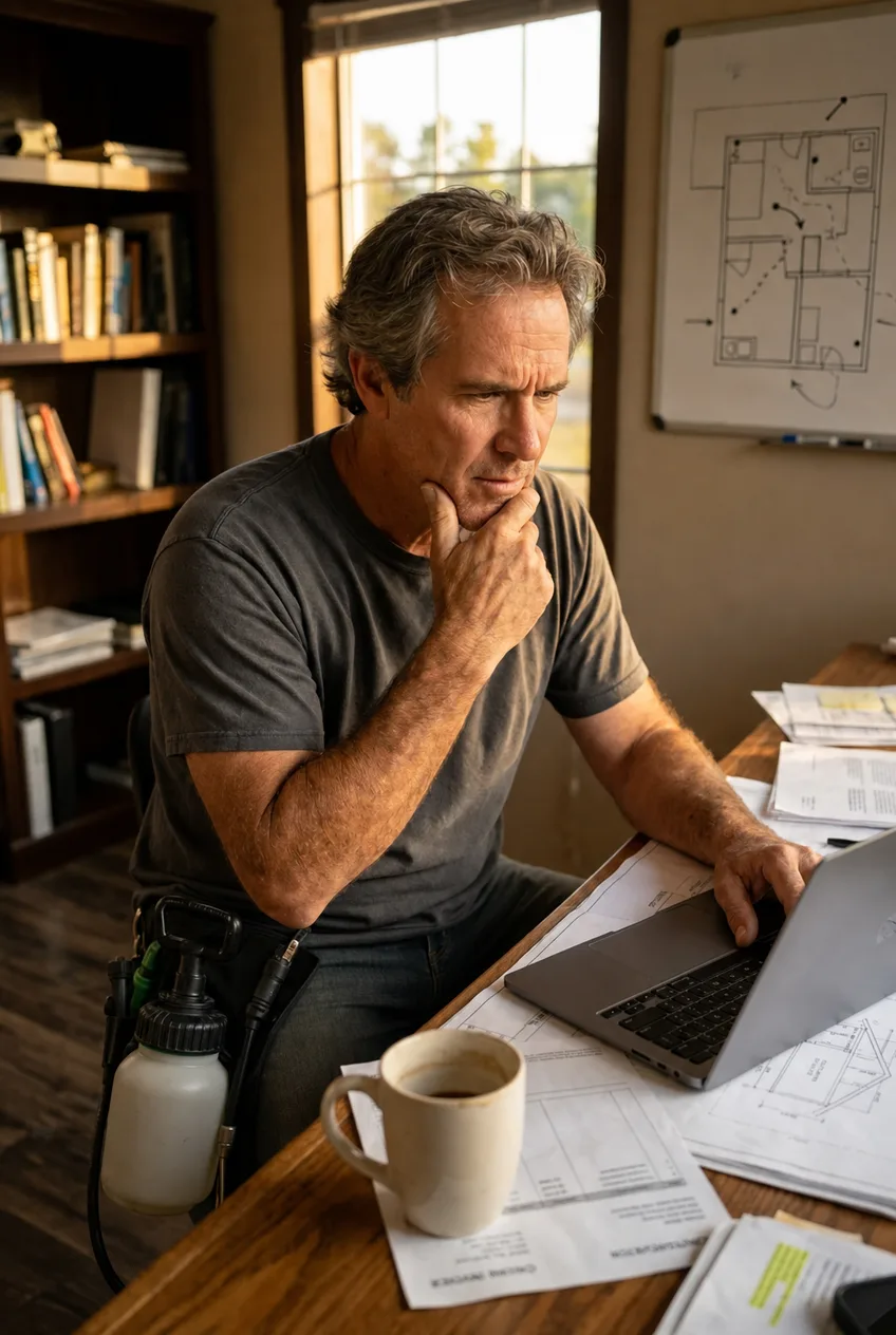Pest control business owner reviewing lead reports at a laptop