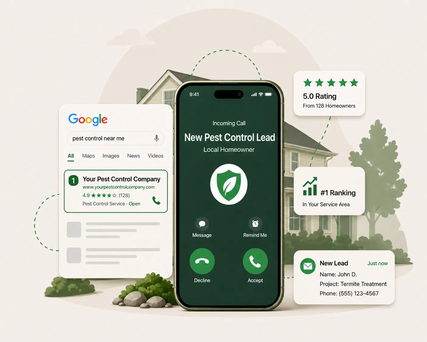 Pest control lead arriving on a phone with a #1 Google ranking and a new lead notification