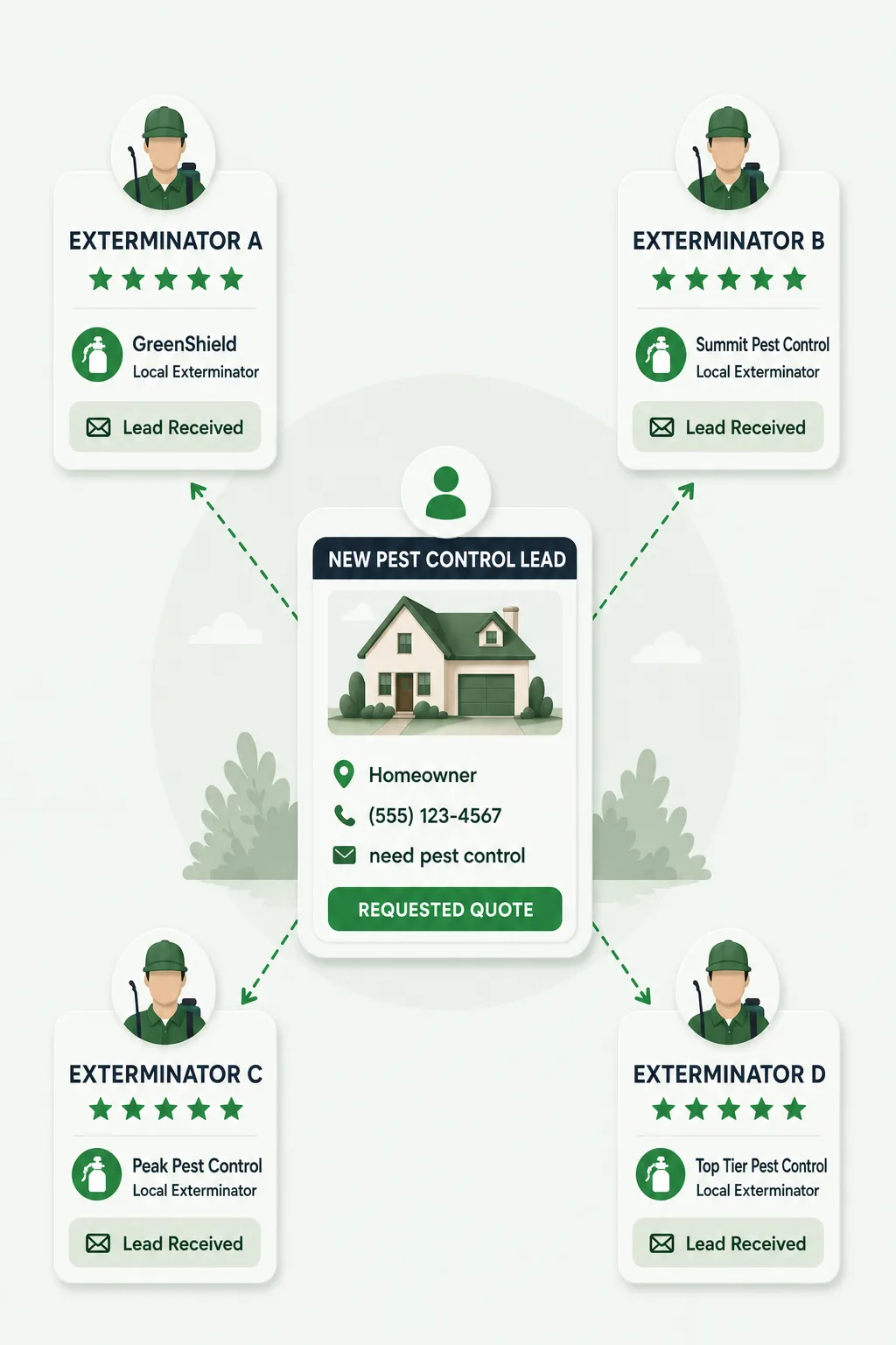 One exclusive pest control lead routed to a single local company instead of being shared between competing exterminators
