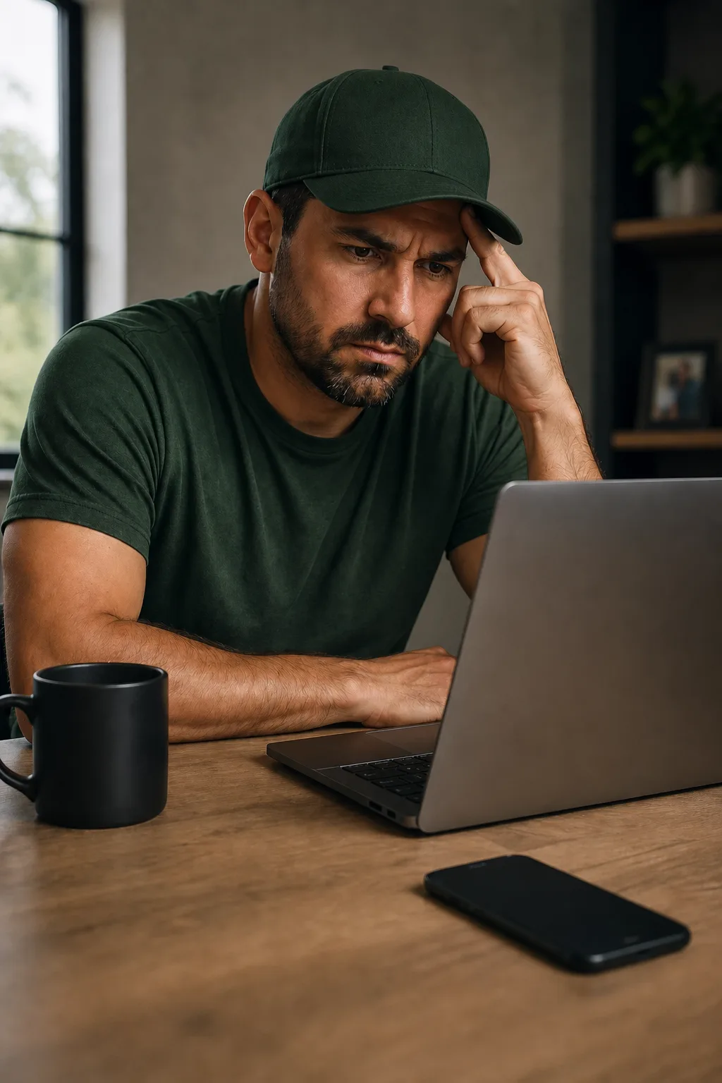 Pest control business owner reviewing marketing options at a laptop