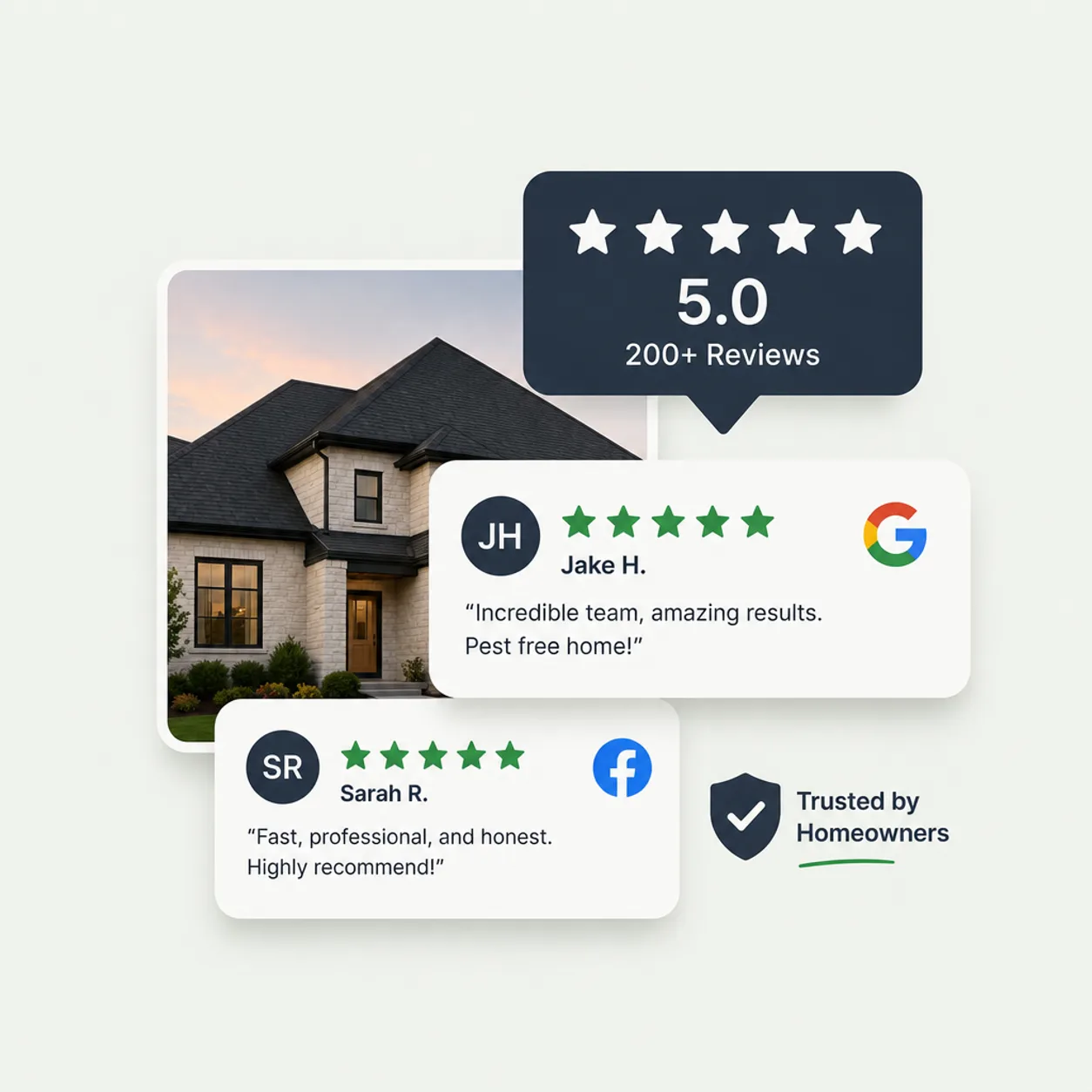 Google and Facebook five-star reviews for a pest control company shown over a photo of a clean, well-kept home.
