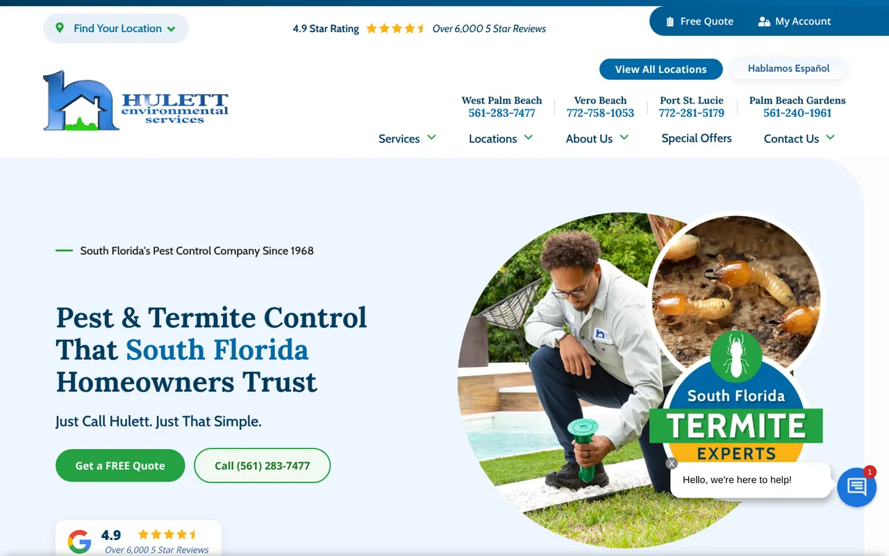 Hulett Environmental Services homepage with a star rating in the top bar, office phone numbers by city and a free quote button