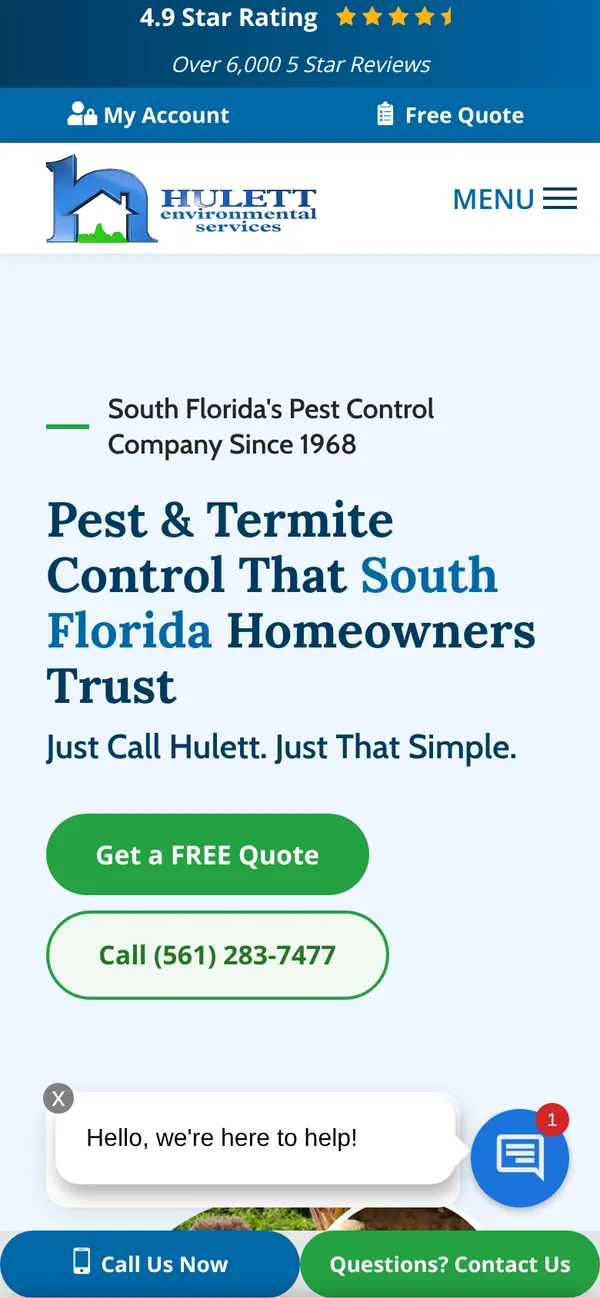 Hulett homepage on a phone with the rating at the top and a call bar at the bottom