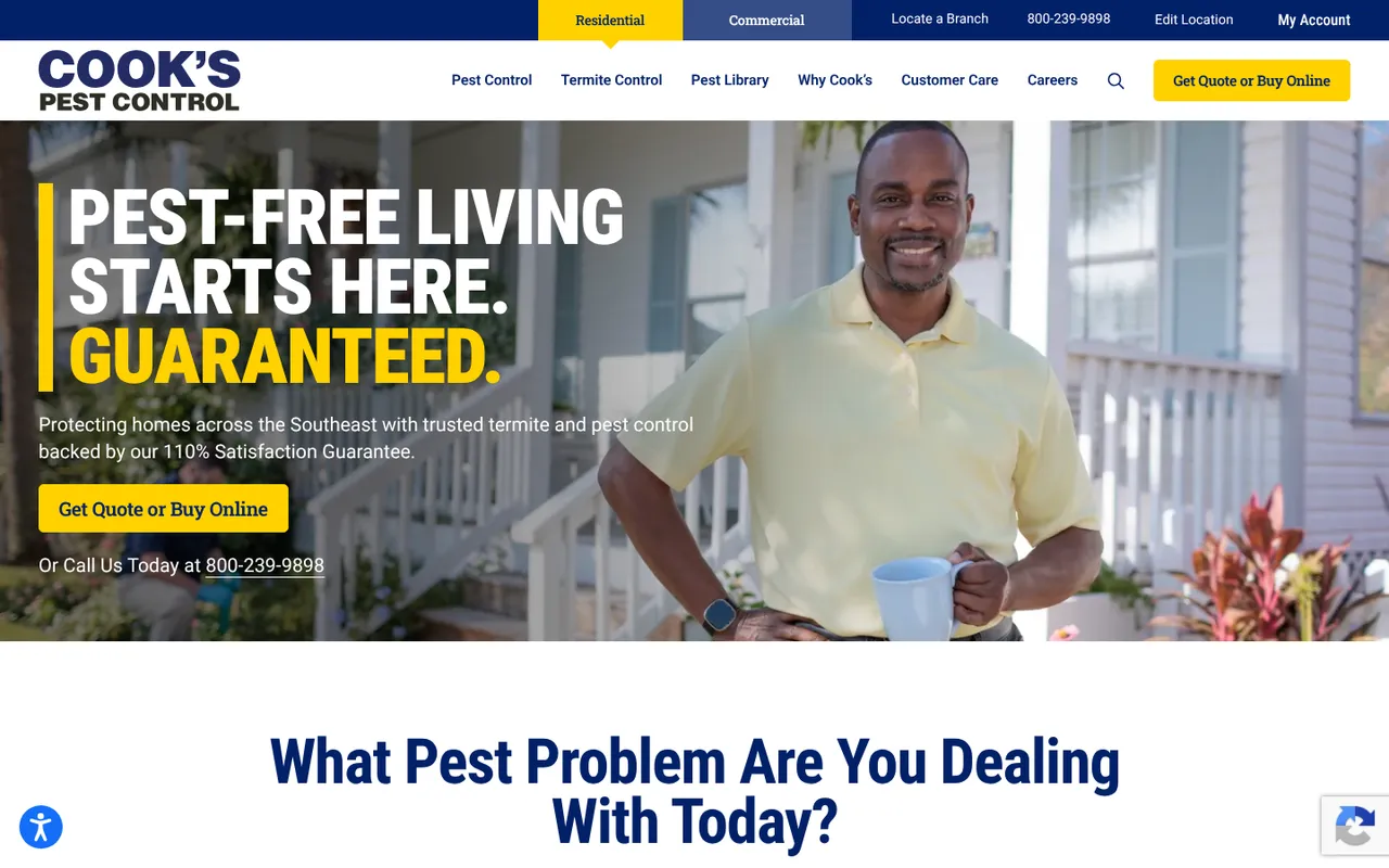 Cook's Pest Control homepage with the headline Pest-Free Living Starts Here, Guaranteed, and a Get Quote or Buy Online button