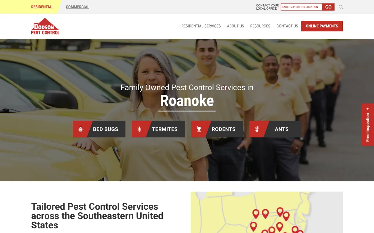 Dodson Pest Control homepage with the headline Family Owned Pest Control Services in Roanoke and four pest buttons