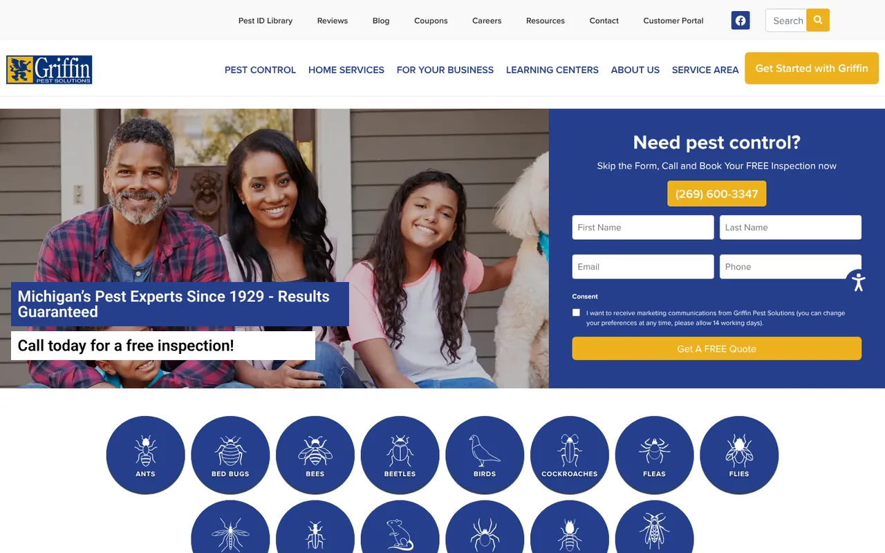 Griffin Pest Solutions homepage with a family photo, a form with a phone number button above it, and a row of round pest icons