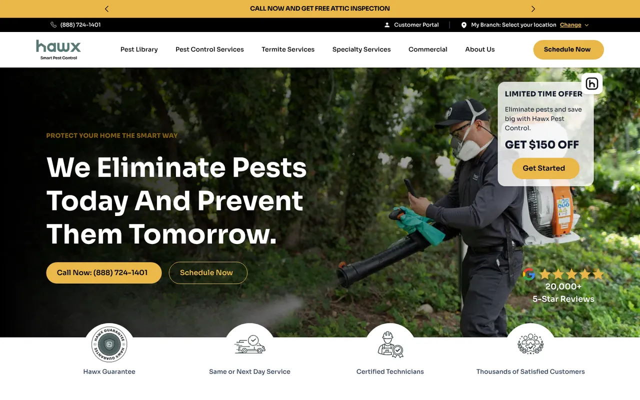Hawx Pest Control homepage with a Call Now button showing the phone number, a 20,000+ reviews badge and a $150 off offer box