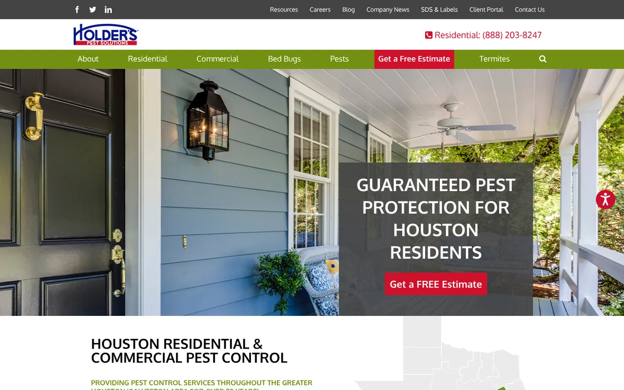 Holder's Pest Solutions homepage with the headline Guaranteed Pest Protection for Houston Residents and a red free estimate button