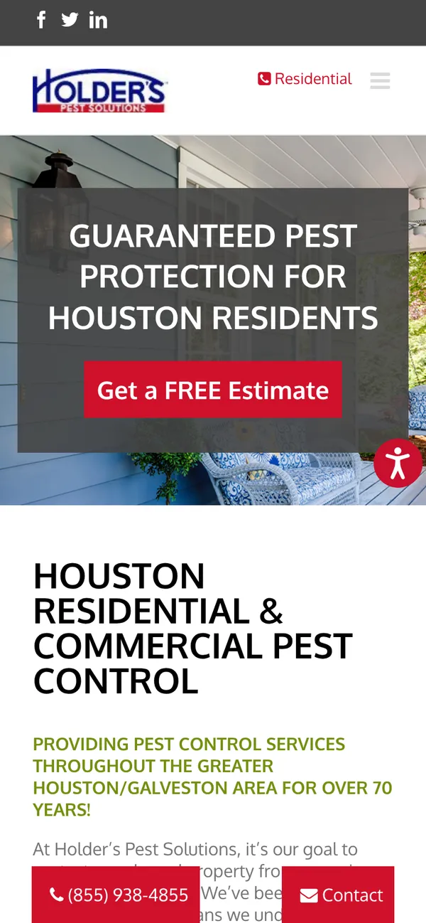 Holder's Pest Solutions homepage on a phone with a phone and contact bar at the bottom