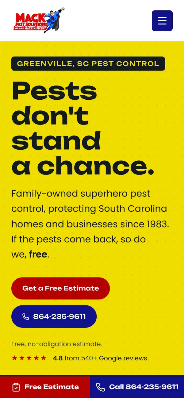 Mack Pest Solutions homepage on a phone, with a call bar stuck to the bottom of the screen