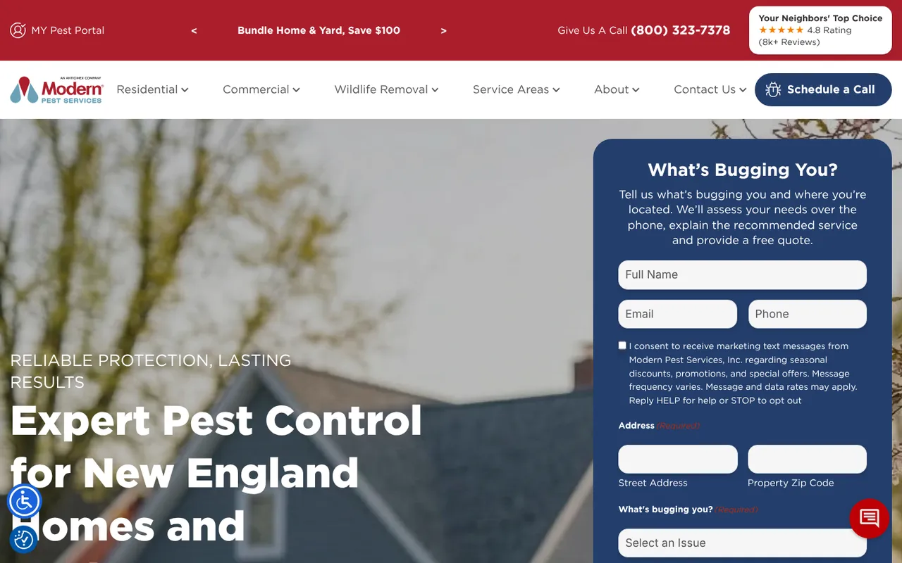 Modern Pest Services homepage with a rating badge in the header, an offer bar and a What's Bugging You form