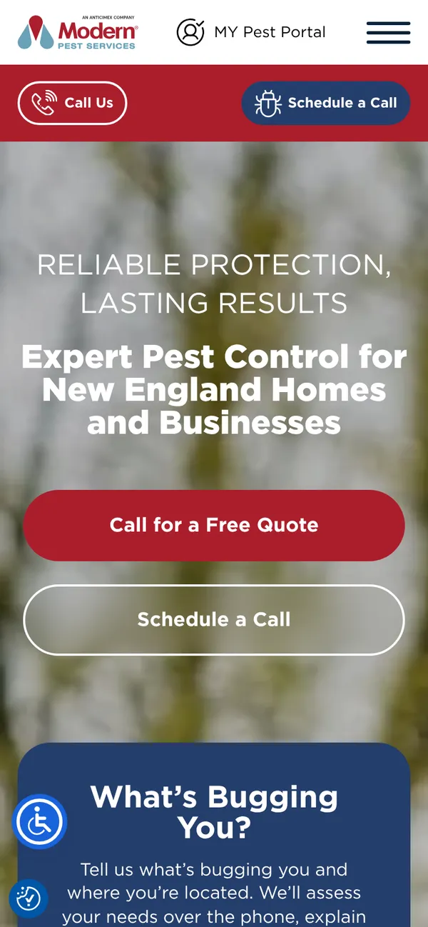 Modern Pest Services homepage on a phone with large Call for a Free Quote and Schedule a Call buttons