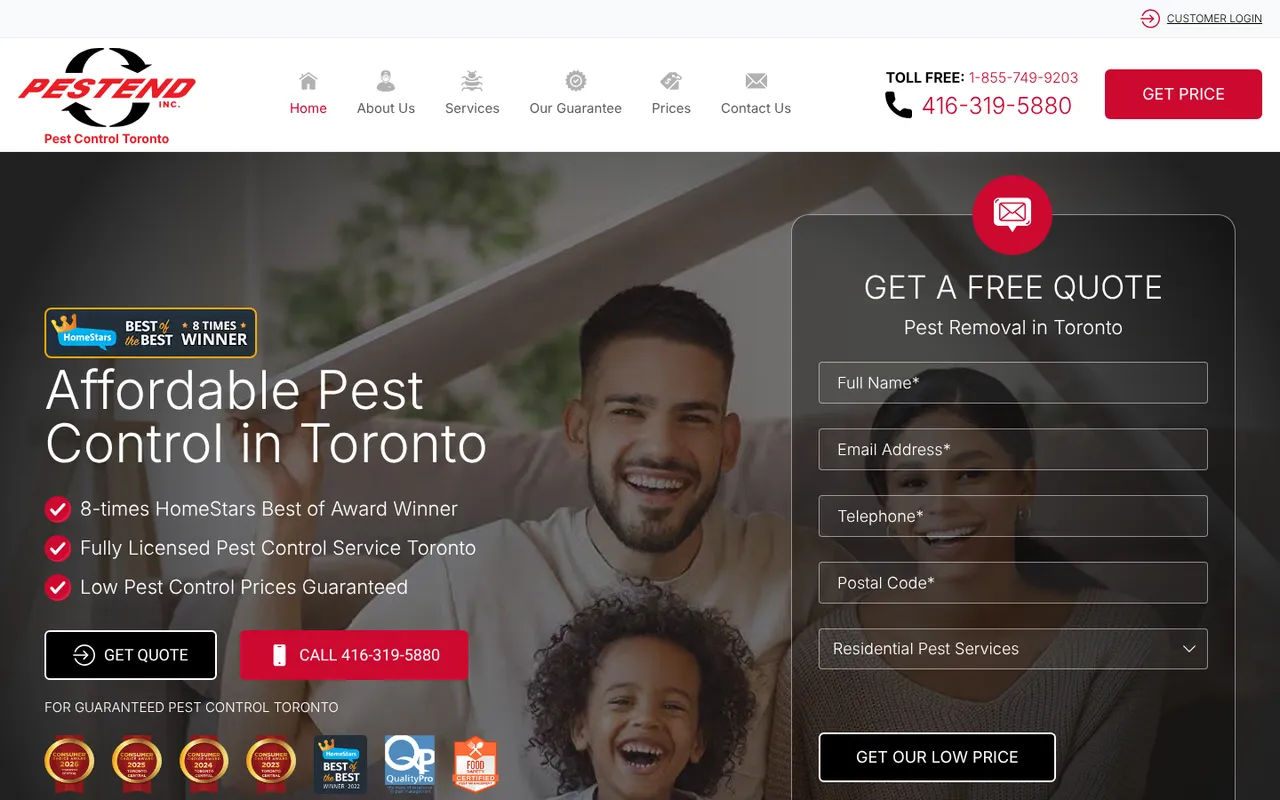 Pestend homepage with the headline Affordable Pest Control in Toronto, award badges and a quote form in the hero
