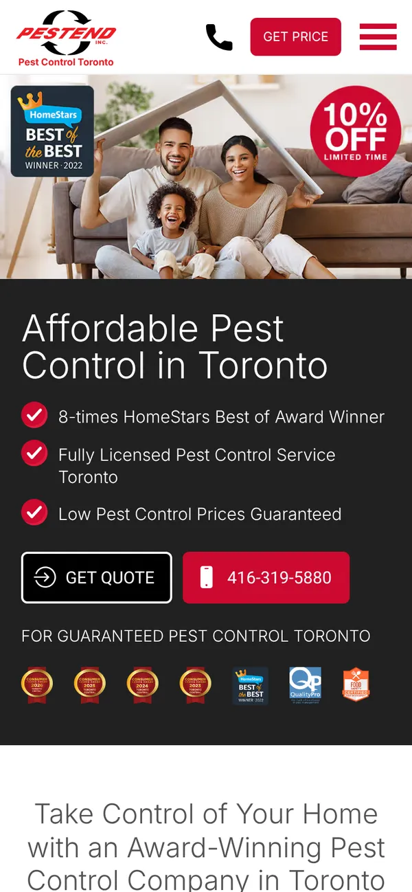 Pestend homepage on a phone with a phone icon and Get Price button in the header