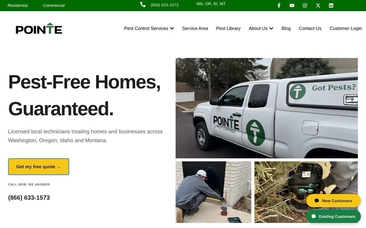 Pointe Pest Control homepage with the headline Pest-Free Homes, Guaranteed, a quote button and the phone number