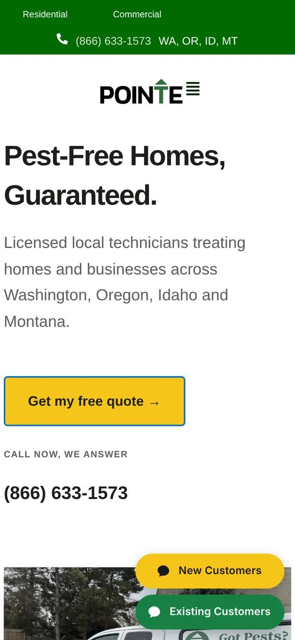 Pointe Pest Control homepage on a phone with the phone number in a green top bar
