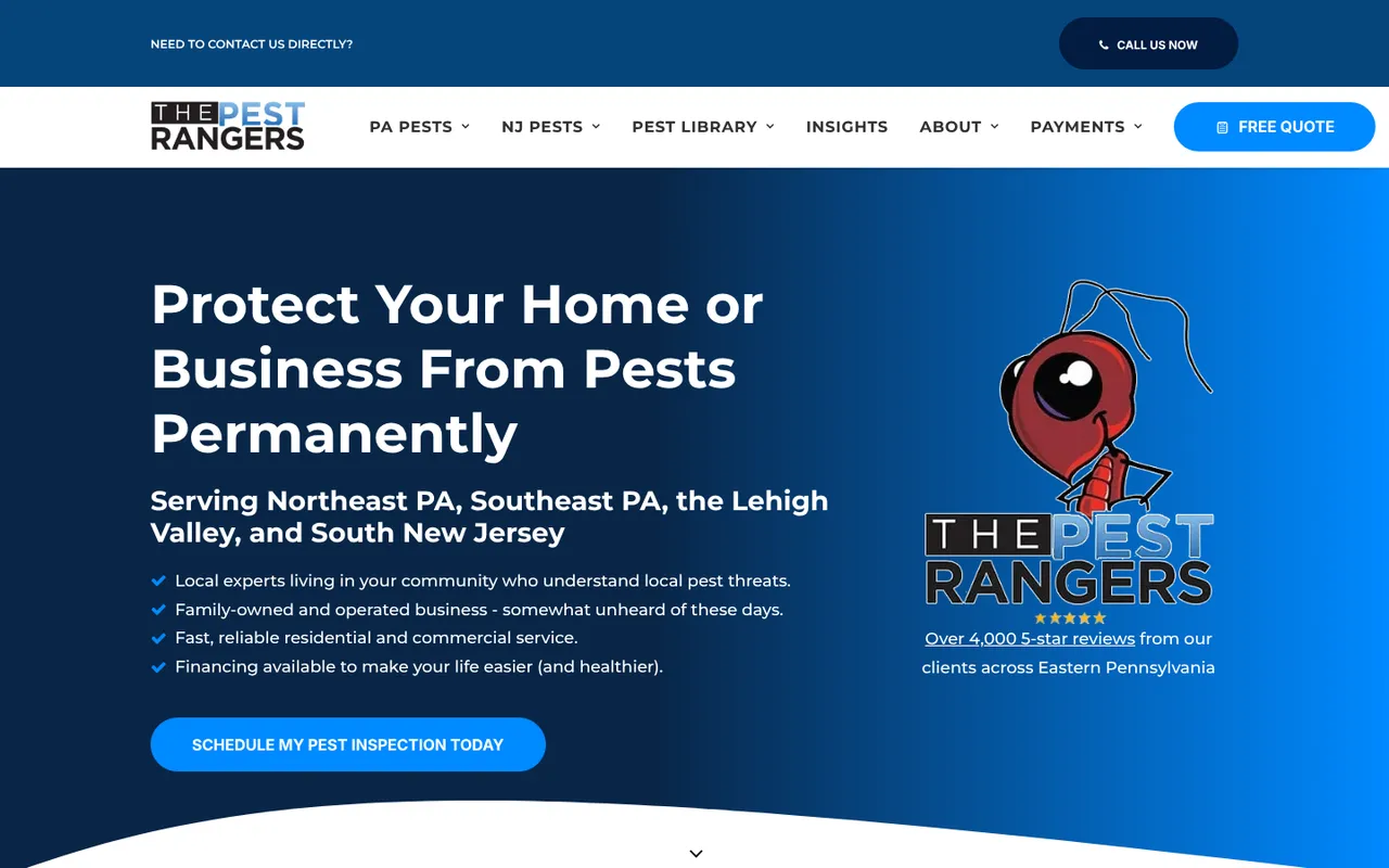 The Pest Rangers homepage with a blue hero, the service areas listed under the headline and a cartoon ant mascot with a review count