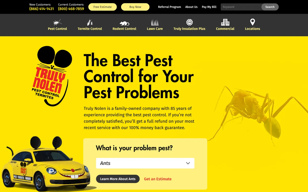 Truly Nolen homepage with a yellow hero, separate phone numbers for new and current customers, and a What is your problem pest dropdown
