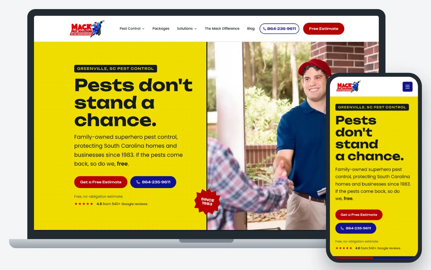 The website we built for Mack Pest Solutions in Greenville, SC, on a laptop and a phone