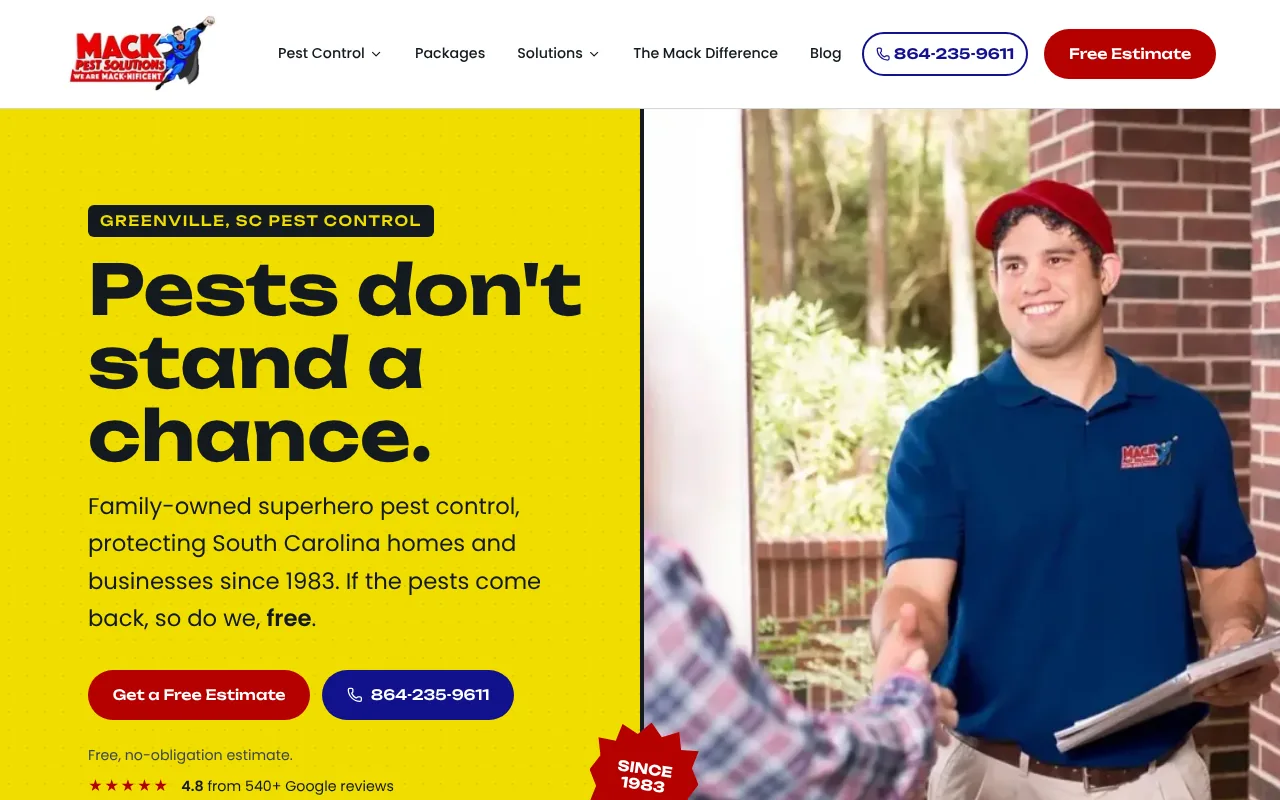 Mack Pest Solutions homepage today, the site we built in 2026