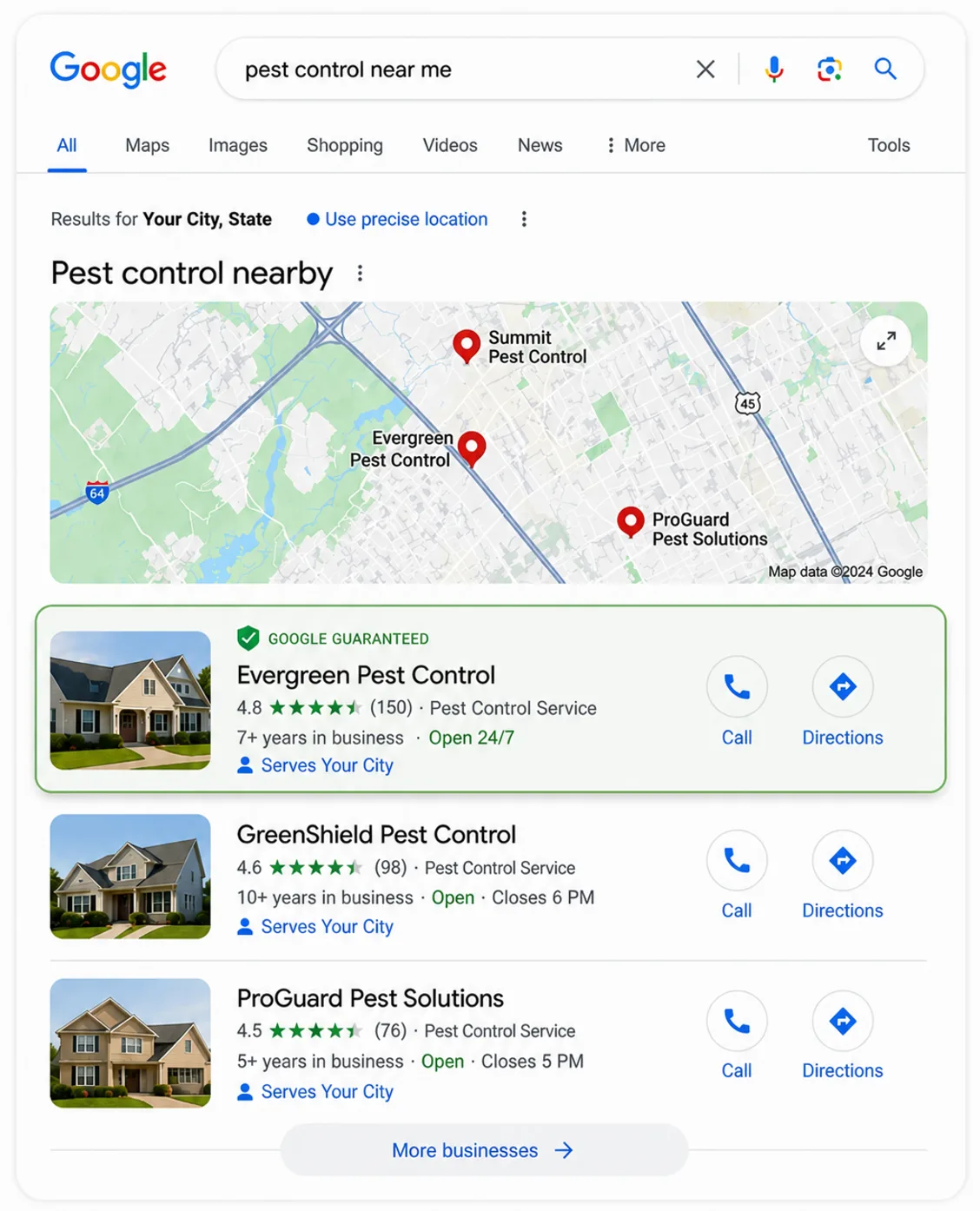 Google search results showing the local map pack of pest control companies